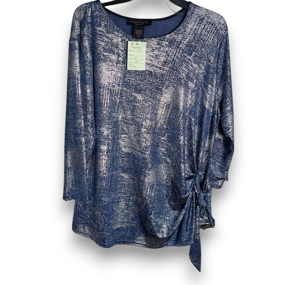 Isabel Hayley Blue & Silver stretch top | ¾ sleeve | Metallic | Side tie | Sz L